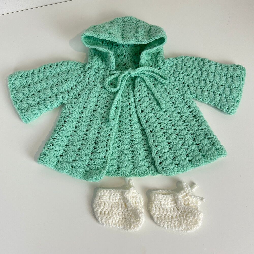 Vintage Handmade Knit Light Green Baby Doll Hoodie Sweater & Booties Set 70s